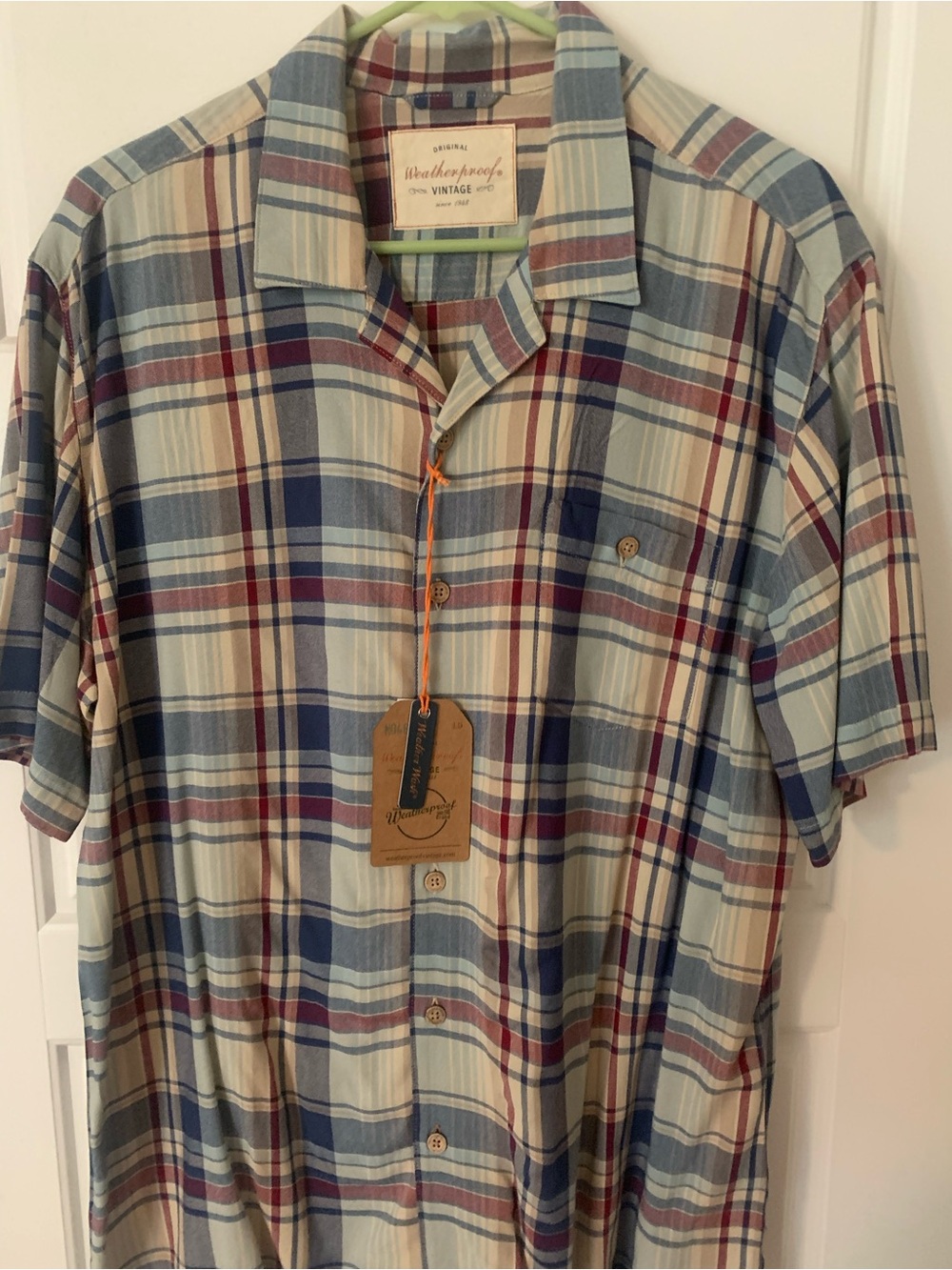 Weatherproof Men's Short-Sleeve Plaid Button-Down Shirt - Blue, Cream, Red